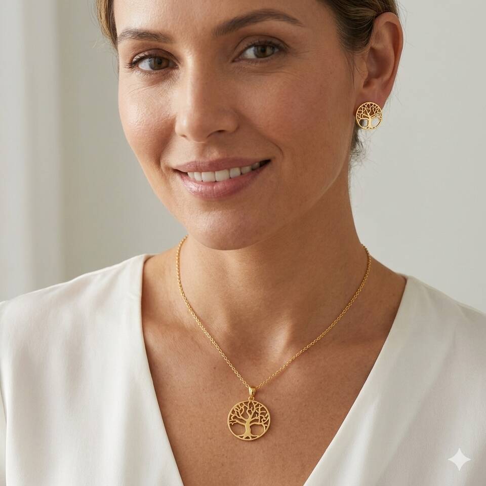 The Tree of Life Earrings and pendant worn by a woman