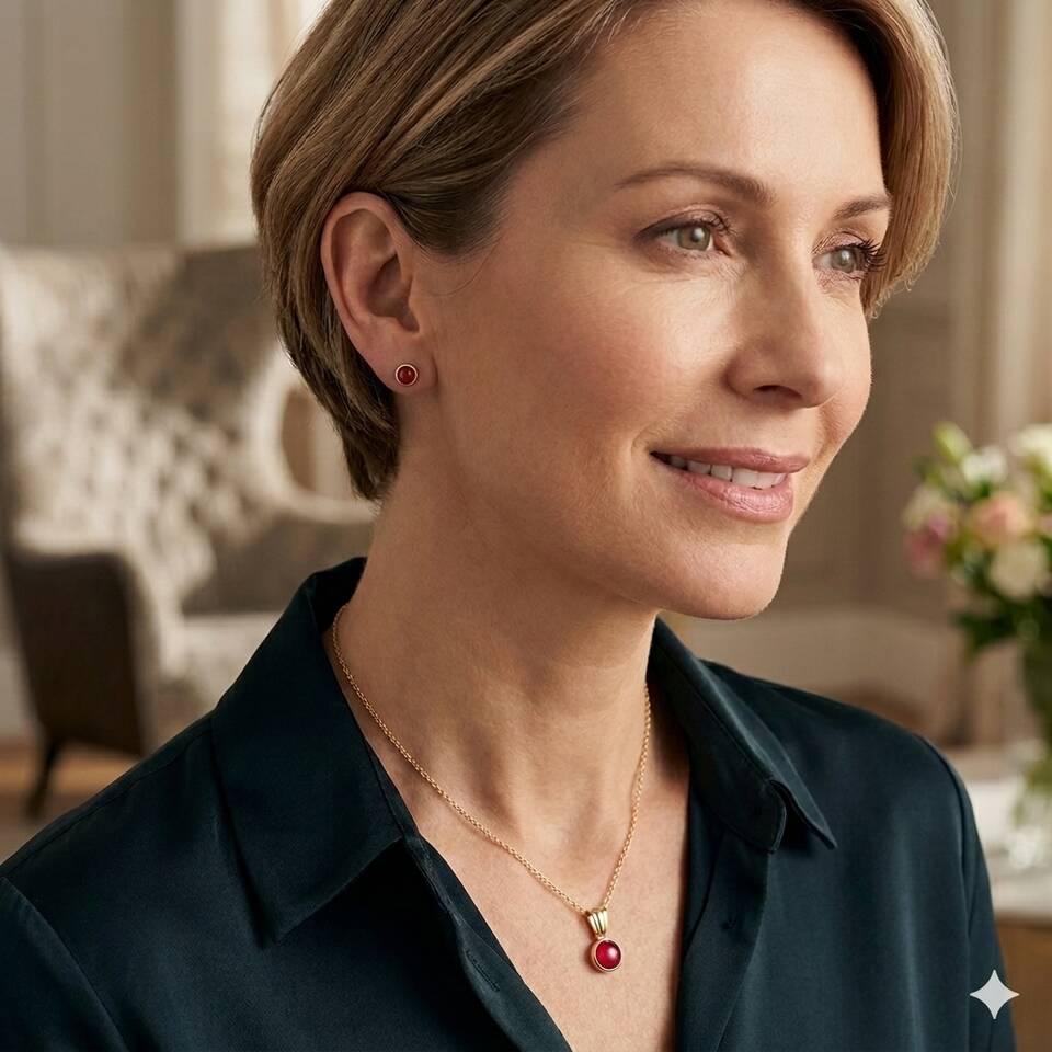 Handmade 100% Welsh Gold Garnet Bezel Pendant on 18-inch gold chain and stud earrings worn by a lady