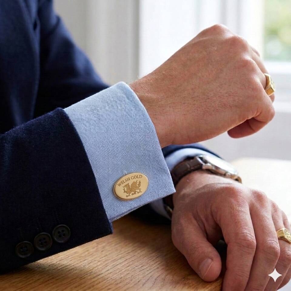 Close-up of a man wearing a navy suit and light blue shirt, showcasing a polished 18ct oval Welsh gold cufflink engraved with a traditional Welsh dragon.
