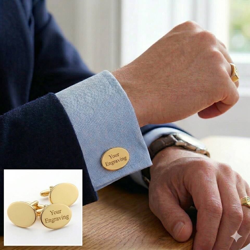 Close-up of a man wearing a navy suit and light blue shirt, showcasing a polished 18ct oval Welsh gold cufflink engraved with bespoke engraving