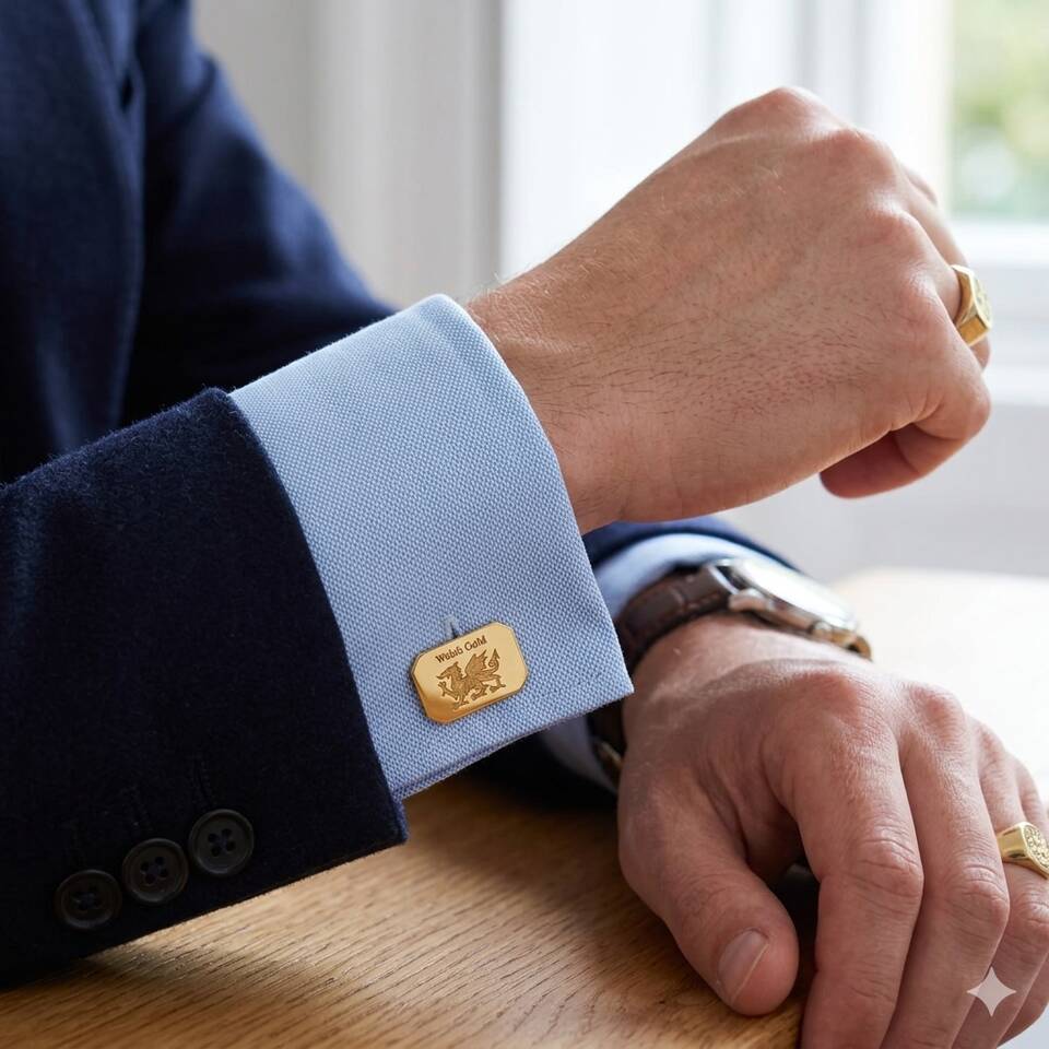 A rectangular 18ct gold cufflink is visible on the cuff, featuring a Welsh Dragon and Welsh Gold engraving