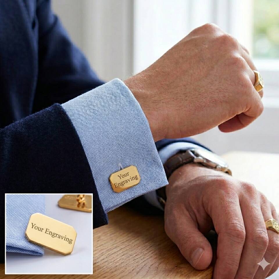 A rectangular 18ct gold cufflink is visible on the cuff, featuring a custom "Your Engraving" script.