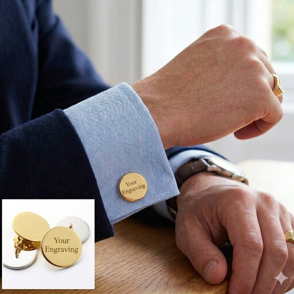 A sharp lifestyle shot of a man's cuff featuring a 15mm circular disc cufflink made of polished 18ct Welsh gold, engraved with bespoke engraving