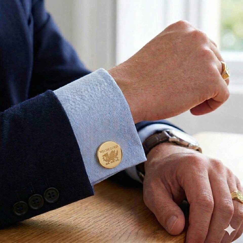A sharp lifestyle shot of a man's cuff featuring a 15mm circular disc cufflink made of polished 18ct Welsh gold, engraved with a traditional Welsh dragon emblem.