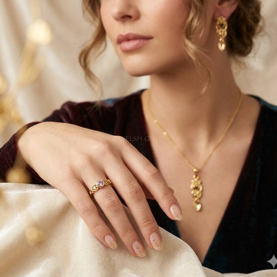 Lady wearing the full Welsh gold Love Spoons collection including a diamond ring, earrings and pendant