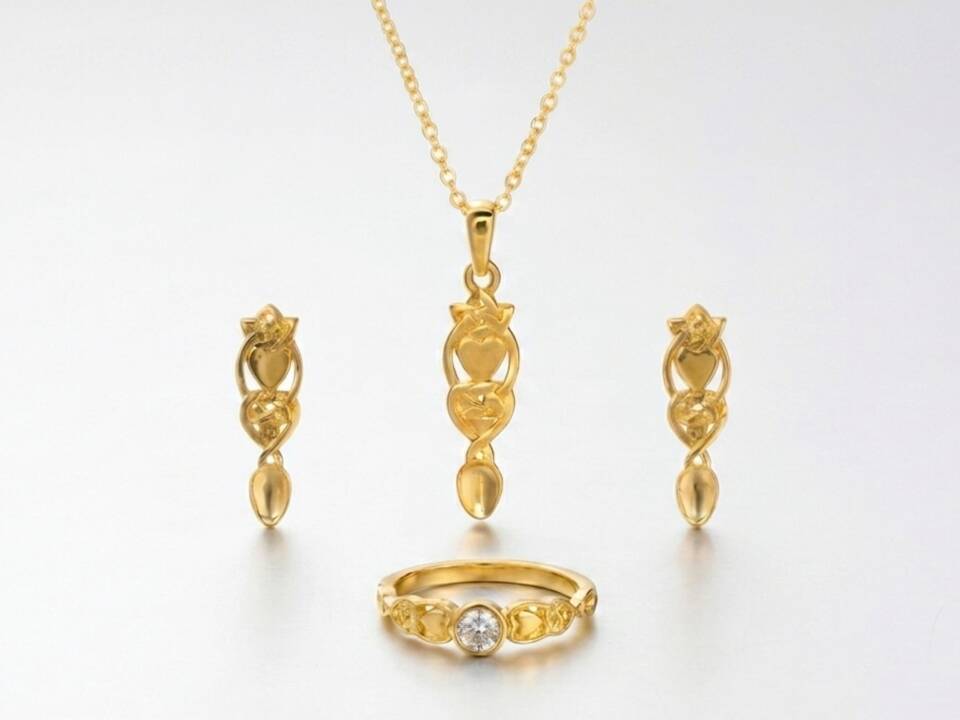 An image of the full collection of Lovespoon jewellery on a white background showing a pendant, earrings and diamond ring