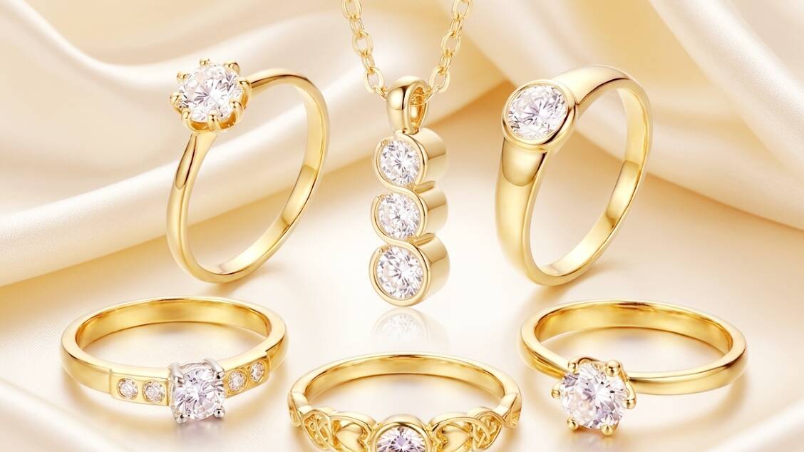 Welsh gold engagement ring collection, highlighting round brilliant diamond centre stones, luxury handcrafted gold bands, and a matching diamond necklace.