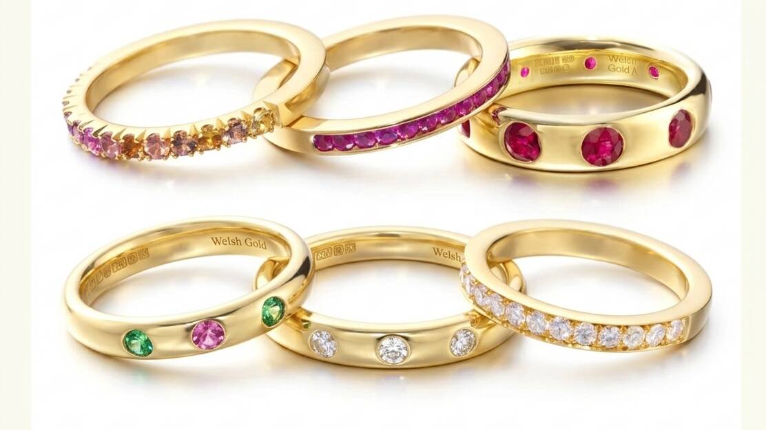 A selection of six solid Welsh gold eternity bands featuring various settings, including channel-set rubies, pavé diamonds, and bezel-set emeralds and pink sapphires.