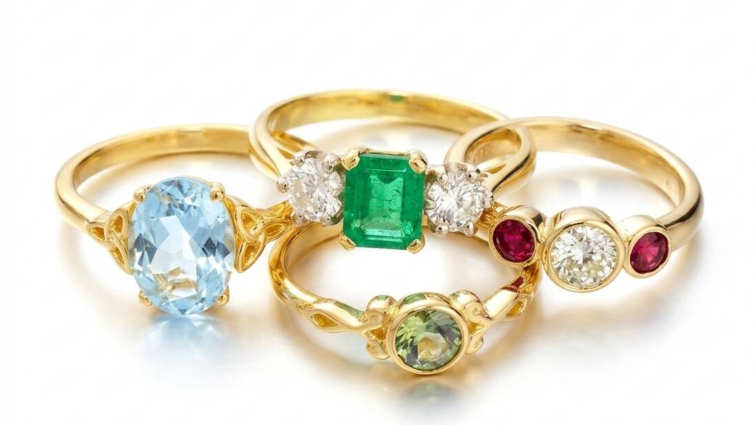 Custom-made Welsh gold gemstone rings; an assortment of handcrafted rings featuring emeralds, rubies, and sapphires set in authentic rare gold.