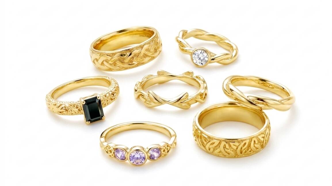An assortment of seven unique Welsh gold rings, featuring wide bands with intricate Celtic knotwork, twisted rope designs, a solitaire diamond, an emerald-cut black gemstone, and a purple sapphire trilogy set.