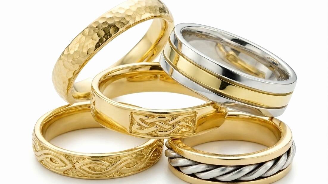 A stack of five unique Welsh gold rings showcasing various artisanal finishes including hammered rings, two-tone mixed metal, and intricate Celtic knotwork.