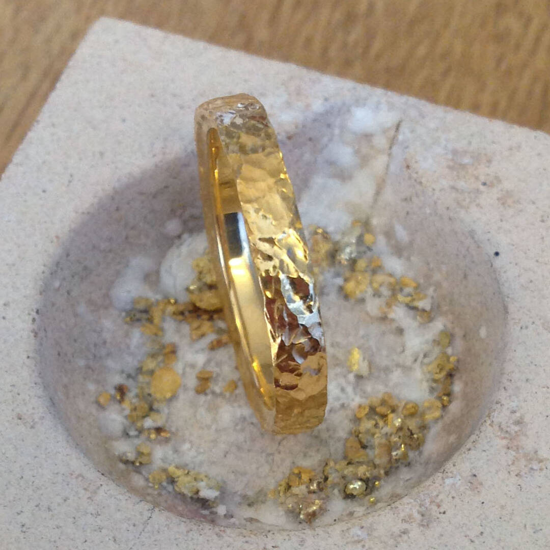 The Elissed ring in rare Welsh Gold with a decorative hammered finish